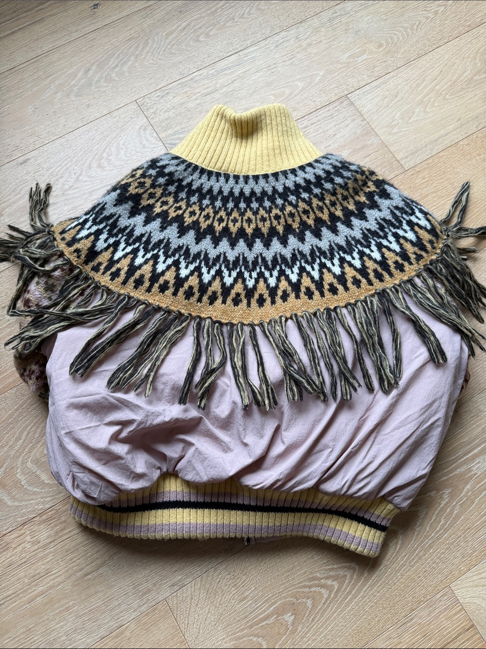 Women's Quilted Knit Fringe Bomber Jacket - Pastel Pink & Yellow - Picture 4 of 5